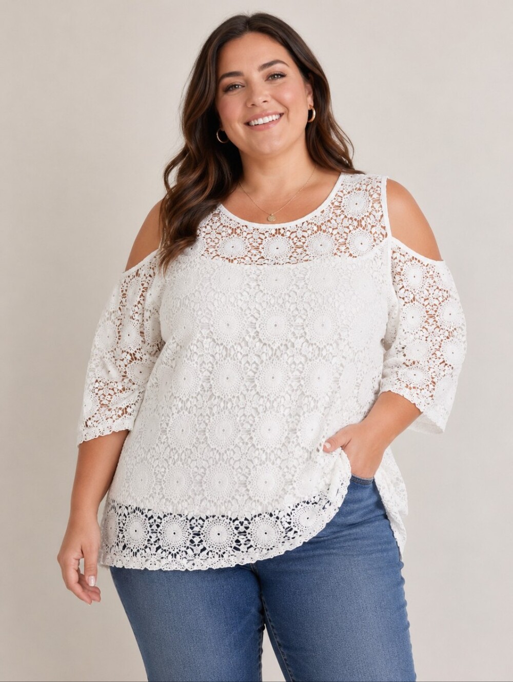 new directions White Floral Lace Cold-Shoulder Blouse Size XL